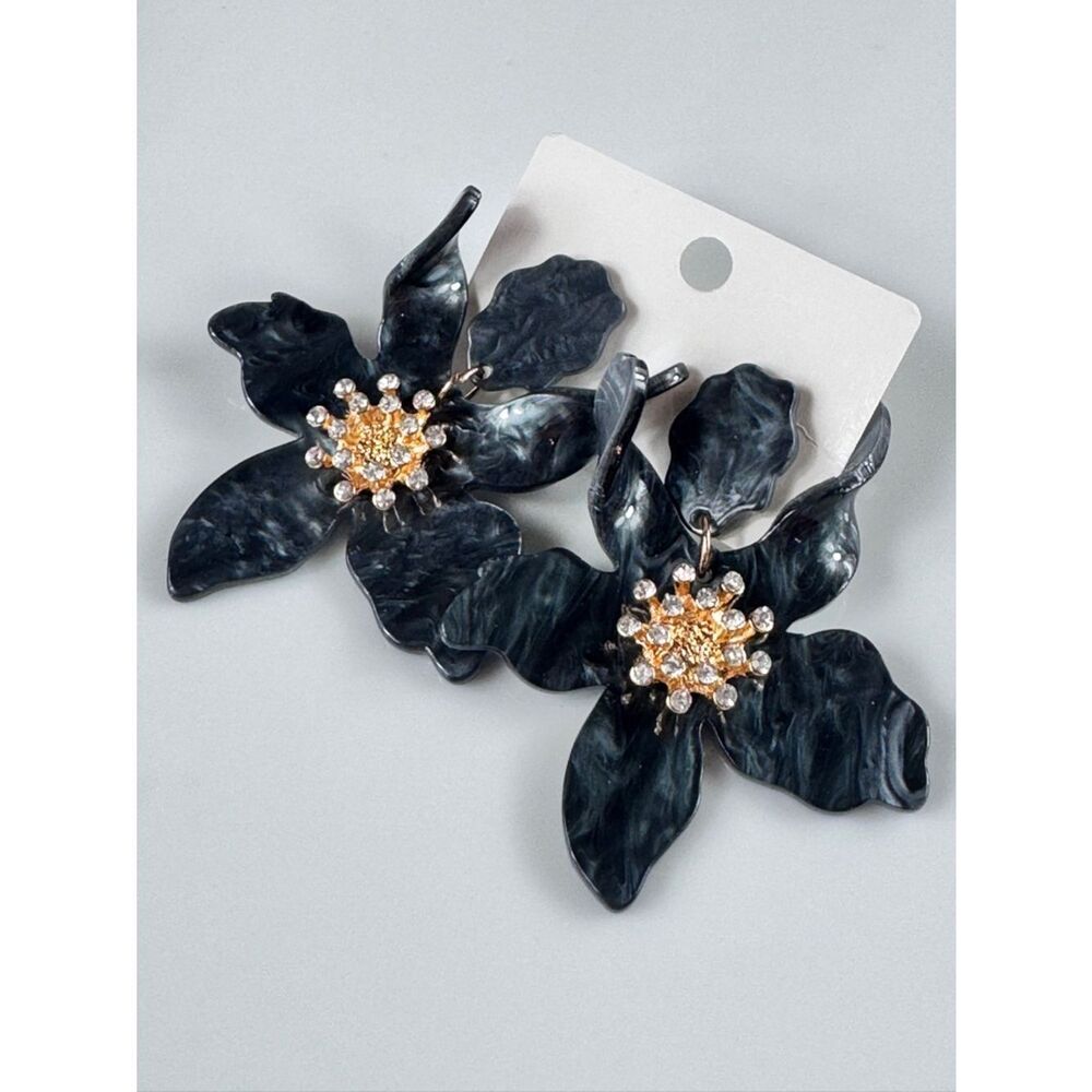 Zara Marbled Black Floral Drop Earrings with Gold Crystal Center